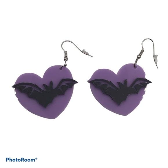 Bat & Purple Heart Acrylic Earrings - Picture 3 of 4